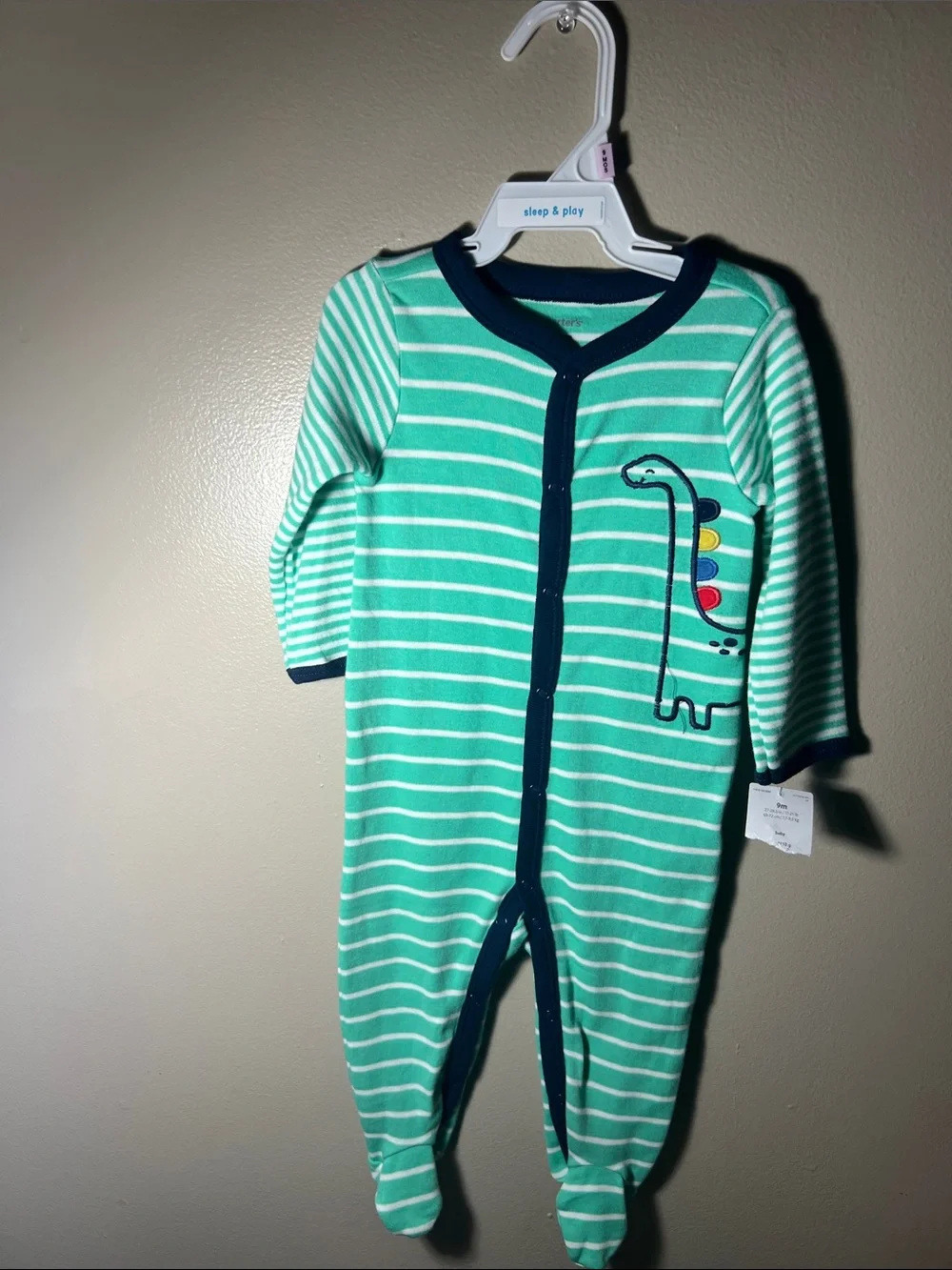 Carter's Green and Navy Striped Footed One-Piece with Dino